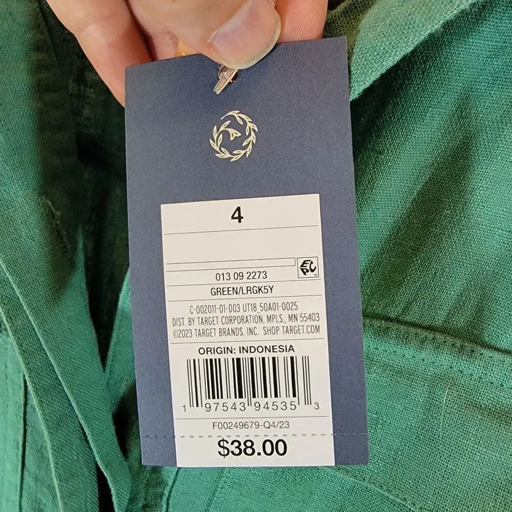 NWT Short-Sleeve Linen Boilersuit Sz 4 Green Jumpsuit Tie Waist Universal Thread - Picture 8 of 8